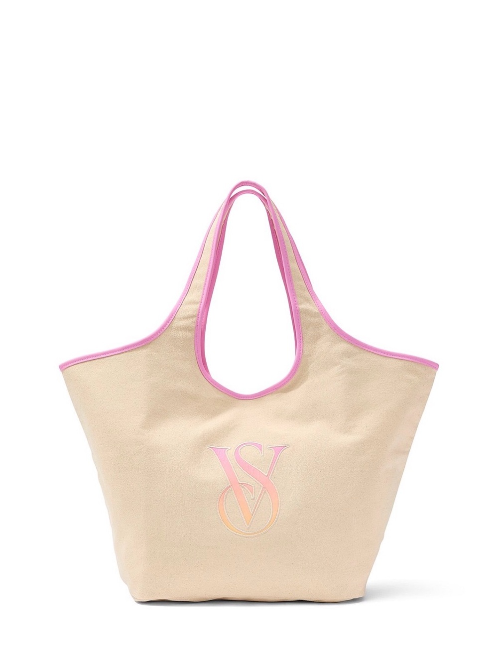 Victoria's Secret Beige Canvas Tote with Pink Trim and Logo
